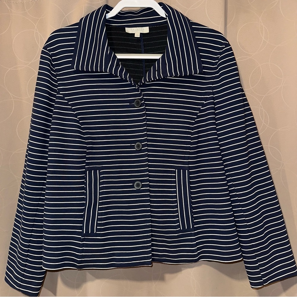 Talbots Womens Navy White Nautical Striped Blazer Button Front 3/4 Sleeve Sz 1X